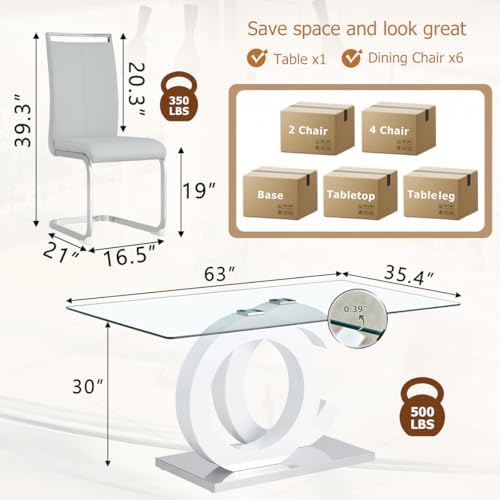 gopop Dining Table Set for 6, 7-Piece Glass Table with 6 PU Leather Chairs | 63" Rectangular Tempered Glass Table, Modern White and Sliver Base, High-Back Chairs for Dining Room and Kitchen