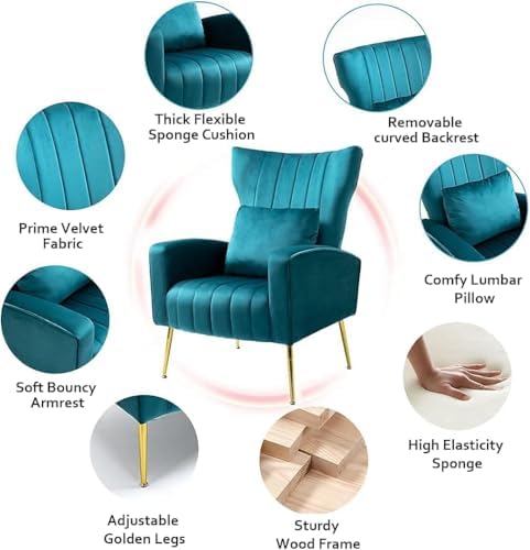Velvet Accent Chairs Set of 2, Modern Arm Chair with Wingback & Gold Metal Legs for Living Room, Bedroom, Waiting Room, Lumbar Pillow Included, Dark Teal