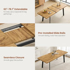 63"-78.7" Expandable Dining Room Table Set for 4-8 People, Walnut | Removable Extension Leaf, Durable MDF Rectangle Top, 6 Beige Sleek Faux Leather Chairs, Heavy Duty Modern Kitchen Table Set