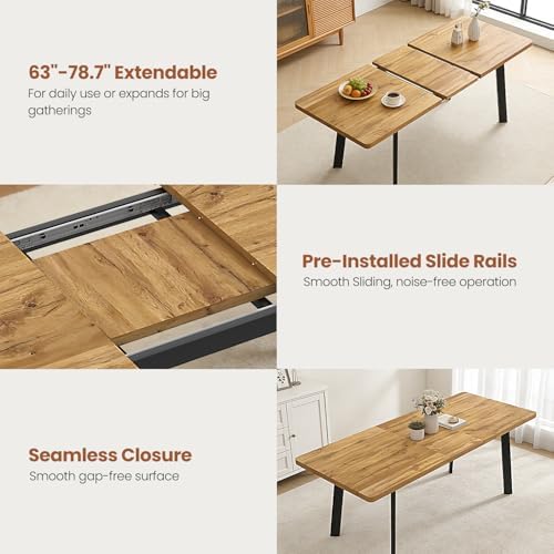 63"-78.7" Expandable Dining Room Table Set for 4-8 People, Walnut | Removable Extension Leaf, Durable MDF Rectangle Top, 6 Beige Sleek Faux Leather Chairs, Heavy Duty Modern Kitchen Table Set