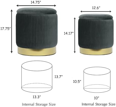 Round Ottoman with Storage Set of 2 Upholstered Velvet Vanity Stool Small Ottoman Coffee Table, Foot Stool, Removable Lid, for Living Room, Bedroom, Hallway, Easy Assembly (Gray)