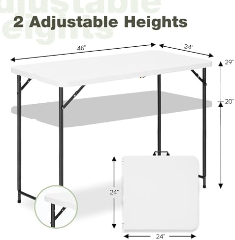 4ft Folding Table with Adjustable Height, 2-Level Foldable Table with HDPE Top & Steel Legs, Portable 4 Foot Folding Table for Picnic, Party, Craft, Indoor Outdoor Use, White