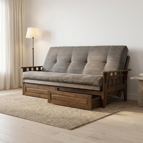 Kodiak Furniture Tucson Full Futon Set in Rustic Walnut Finish with Storage Drawers, Suede Gray