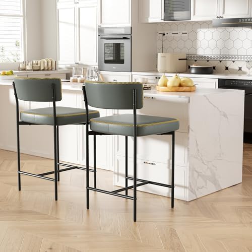 Bar Stools Set of 2, Faux Leather Counter Height Barstools with Curved Back, 25 Inch Upholstered Bar Chairs, Modern Counter Stools for Kitchen lsland, Grey