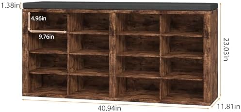 Shoe Rack Bench, Shoe Storage Bench with Cushion, Shoe Organizer 16 Cubbies for Entryway Hallway Bedroom Living Room, Holds Up to 400lbs
