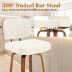 Counter Height Bar Stools Set of 3, 26+inch Swivel Faux Leather Barstool with Back, Upholstered Mid-Century Modern Bar Chairs with Bent Wood Legs for Kitchen Counter, Dining Room, Cream White