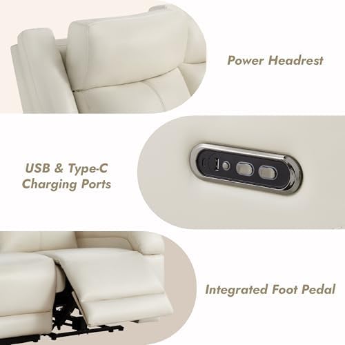 Watson & Whitely Genuine Leather Power Recliner Sofa & Loveseat Set, Cream | Wall Hugger Reclining Sofas, Power Headrest, Center Storage Console, Charging Ports, Cup Holders, Living Room Furniture Set