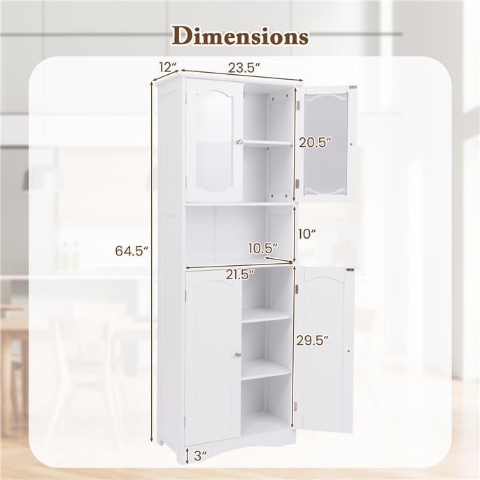NAFORT Tall Storage Cabinet, Freestanding Cupboard with Adjustable Shelves, Frosted Glass Doors, Anti-Tipping Devices, Multifunctional Floor Cabinet for Bathroom, Dining Room & Living Room (White)