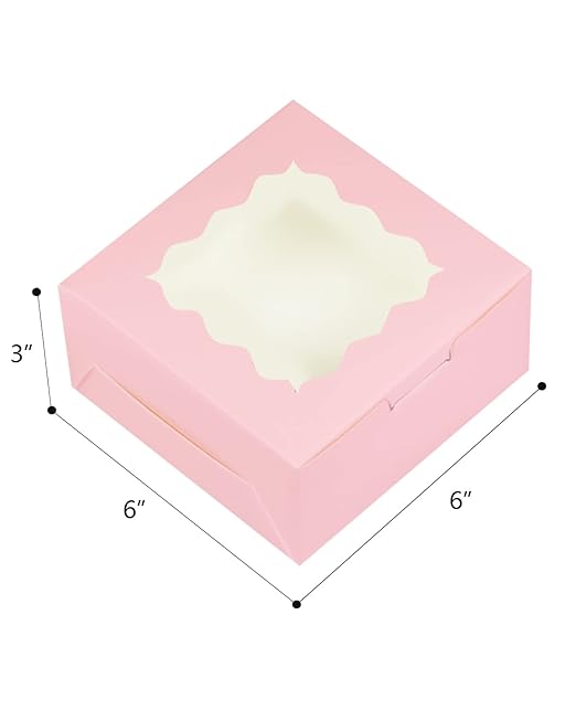 Bakepacker 100pcs Pink Cookie Boxes 6x6x3 inches Easy Assemble Macaroon Pastry Boxes Bakery Boxes with Window for Bakery