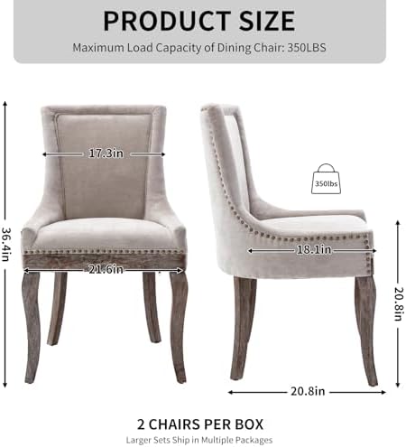 Modern Dining Chairs Set of 2, Fabric Upholstered High Back Chairs with Nailhead Trim and Curved Solid Wood Legs, Sillas de Comedor Accent Chairs for Dining Room, Beige