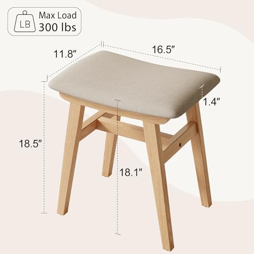 Muwuele Solid Wood Vanity Stool, Compact Makeup Chair with Saddle Cushion, Linen-Covered High Rebound Sponge Seat, Easy Assembly Footstool for Bedroom, Entryway, Home, Natural