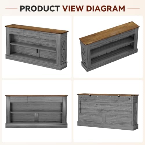 Miereirl 63" Console Table with Drawers & LED Light, Brown & Dark Grey