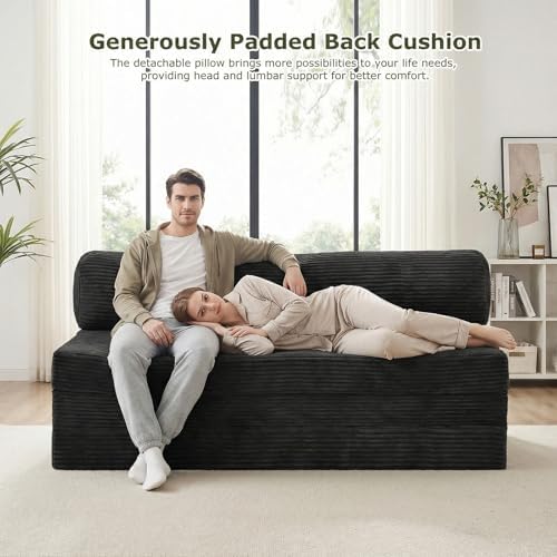 5-in-1 Convertible Sofa Bed, Couch Loveseat with Removable Cushions & Washable Cover, Futon Sofa Bed with Handle, Pull Out Couch for Small Spaces, Queen Size, Black