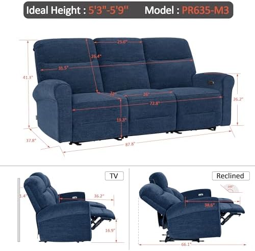 MCombo 87.8" Wall Hugger Power Reclining Sofa with Drop Down Table, 3-Seater Recliner Couch for Small Spaces Living Room RV, USB Ports, Fabric PR635M3 (Navy Blue)