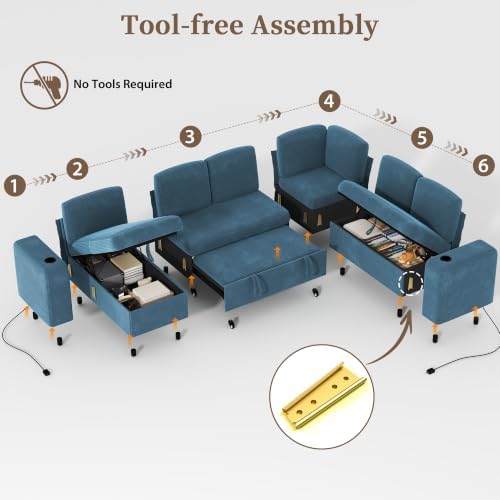 wanan Sectional Sleeper Sofa with Pull Out Couch Bed, 7 Seats Modular U Shaped Cloud Couch with Storage Chaise, Dual Arm Storage & USB Charging, Adjustable Backrest Sofa,Blue Corduroy