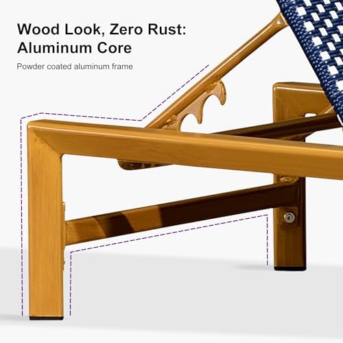 PURPLE LEAF 1 Piece French Patio Chaise Lounge Rattan Teak Frame, Navy | All-weather PE Wicker, Wood-Grain Aluminum Frame, 5 Adjustable Positions, Non-Slip Pads, 440 lbs Capacity, For Pool, Garden