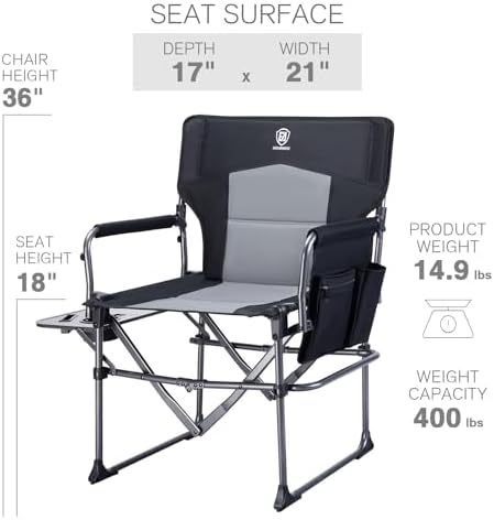 EVER ADVANCED Camping Directors' Chair with Side Table, Portable Folding with Compact Size, Heavy Duty Lawn Chair with Pocket for Camping, Lawn, Sports and Fishing, 400lbs, Black