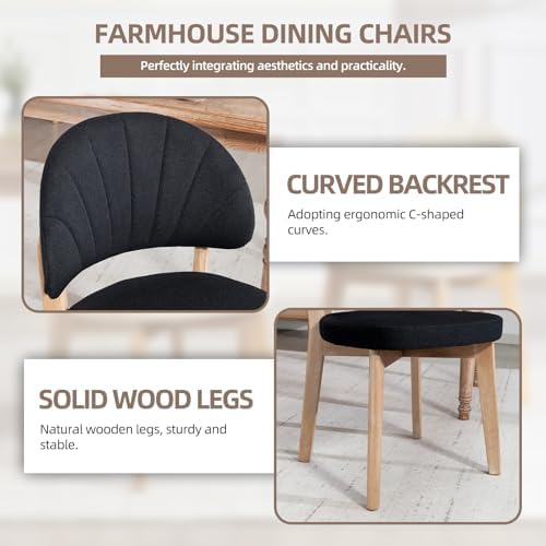 Modern Fabric Upholstered Dining Chairs Set of 4, Farmhouse Curved Back Armless Accent Chairs with Solid Oak Wood Legs, Walnut Kitchen Side Chairs for Dining Room, Bedroom/Restaurant, Black