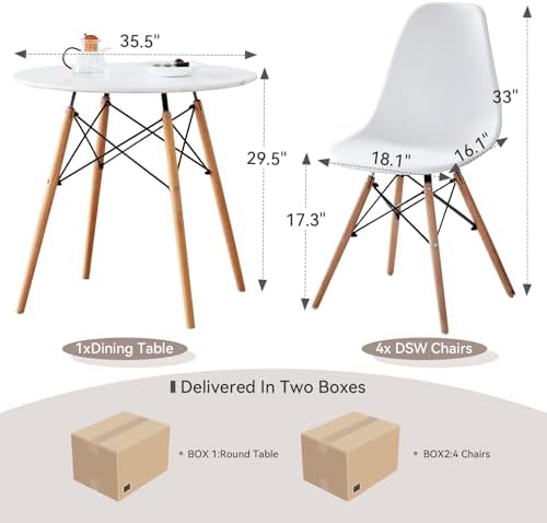 5-Piece Round Dining Set, 35.5" Kitchen Table Chairs Set of 4 | Space Saving Furniture, Plastic Seats, Solid Wood Legs, for Living Room Apartment Office Home, White