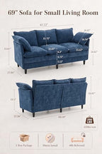 KYJ 69” Small Sofa, Cloud 3-Seat Love Seat, Small Couch for Living Room | 3 Layer Cushion, Washable Pillow, Deep Seat, Chenille Fabric, Raised Leg, Curved Armrest, In a Box for Small Spaces, Blue