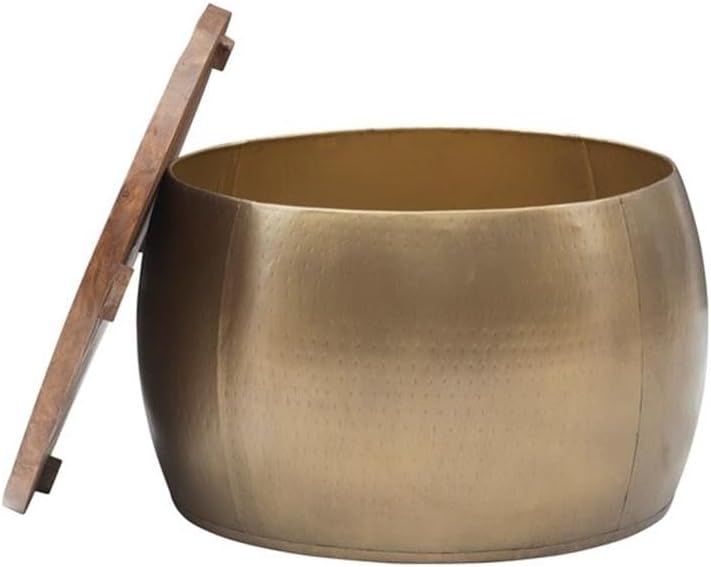 MAKLAINE Large Hammered Metal Drum Table with Storage, Brass Finish, Solid Mango Wood Top, 27.5 in Diameter, Handcrafted Accent Table for Living Room or Bedroom Use