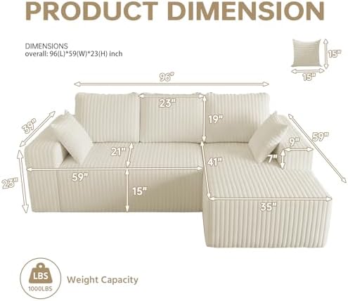 96" Cloud Sectional Couches with Chaise for Living Room