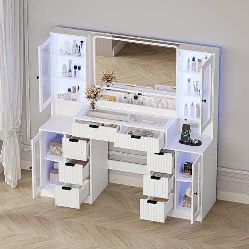 Fluted Makeup Vanity Desk with Mirror and Lights, 55" Glass Top Vanity with 8 Drawers & 4 RGB Glass Cabinets, Adjustable Shelves & Power Outlet, Modern Dressing Table Set for Women Girls Bedroom