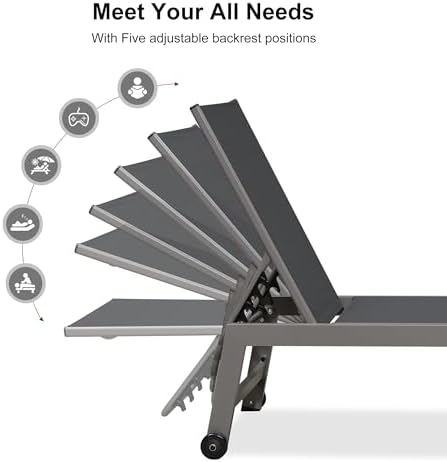 PURPLE LEAF Patio Chaise Lounge Set for 2, Oversize Seat, Grey | Reinforced aluminum frame with angled legs supports up to 320 lbs, providing solid stability without sagging or rocking