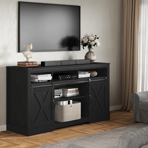 RoyalCraft Farmhouse TV Stand for 65+ Inch TV, Tall Entertainment Center | with Storage Cabinets and Sliding Barn Doors, Mid Century Modern Media TV Console Table for Living Room (Black)