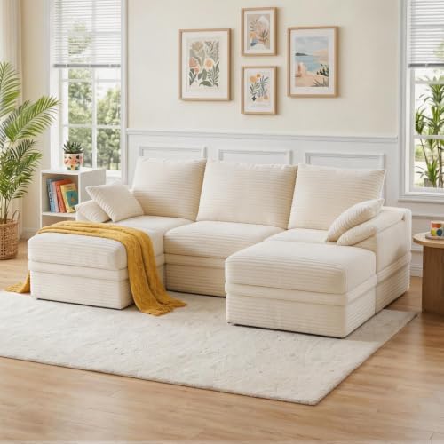 107" Modular Sectional Sofa Couch with Storage,U-Shape 3 Seat Comfy Modern Cloud Couch Sofa with Ottoman, 27" Deep Seat Corduroy Sofa for Living Room, Tool-Free Assembly - Beige