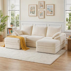107" Modular Sectional Sofa Couch with Storage,U-Shape 3 Seat Comfy Modern Cloud Couch Sofa with Ottoman, 27" Deep Seat Corduroy Sofa for Living Room, Tool-Free Assembly - Beige