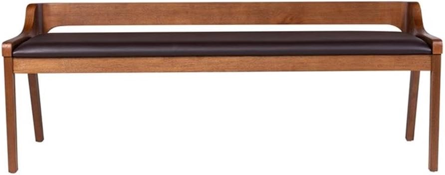 BOWERY HILL Modern Dining Bench, Rubberwood Frame, Chestnut Wire-Brush Finish, Brown Faux Leather Upholstery, 60" Wide, Seats 2, High-Density Foam Cushion, Kitchen or Dining Room Seating