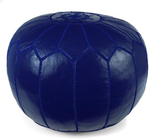 Stuffed Round Design Moroccan Leather Pouf Ottoman, Handmade, Pre-Filled, 100% Genuine Leather, 13” Height x 20” Diameter, Footstool & Living Room Décor (Dark Blue)