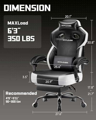 GTPLAYER Big & Tall Gaming Chair, Wide Seat with Footrest, Jet Black | Ergonomic High Back Computer Desk Chair for Adults, Comfort Padded Seat with Lumbar Support Armrests Recliner for Office/Home