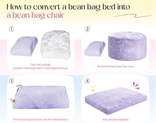 Hobestluk Bean Bag Chair Convertible 3 in 1 Beanbag Washable Giant Adult | Large,Memory Foam Filling,Lounge,Plush Faux Fur,Bean Bag Bed ,Removable Cover,Living Room Bedroom Dorm,Sleeping,Full,Purple