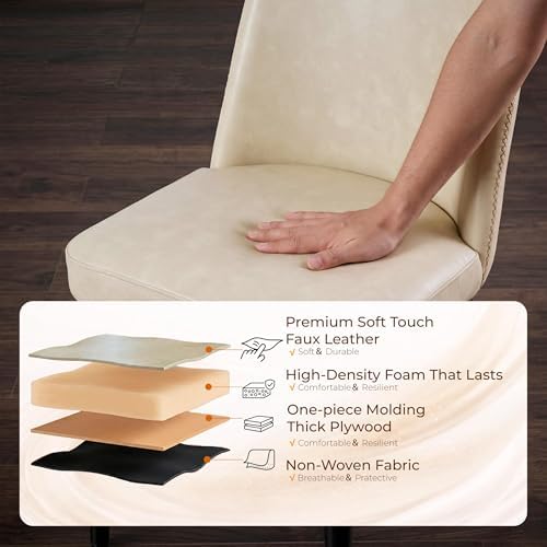 Leather Dining Chairs Set of 4, Modern Dining Room Chairs with Curved Backrest and Metal Legs Chenille Upholstered Fabric Kitchen Side Chair for Living Room, Restaurant, Cafe, Comedor, Leather, Beige