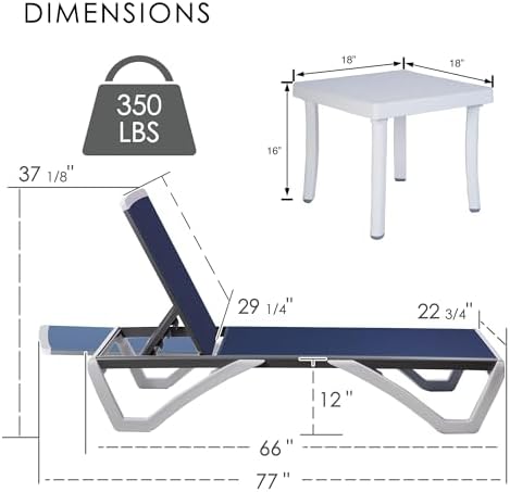 Kozyard Outdoor Chaise Lounge Chair, Full Flat Adjustable Patio Lounger with Aluminum Frame & Resin Legs, Textilene Fabric for Poolside, Backyard & Beach (Blue, 2Chairs + Table)