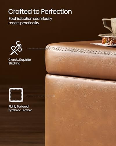 VASAGLE Storage Ottoman Bench with Stitching, PU Leather, Entryway Bedroom | Ottoman Bench, Mid-Century Modern, with Stitching, Bedroom, Living Room, Caramel Brown, EKHO Collection ULOM075K01
