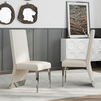 AUZ Modern White Leather Dining Chairs with Silver Mirrored Legs, Set of 2 | White Upholstered Leather Kitchen Room Chairs, High Back with Nailhead Trim, Polished Chrome Stainless Steel Legs