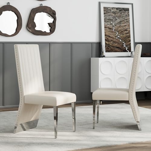 AUZ Modern White Leather Dining Chairs with Silver Mirrored Legs, Set of 2 | White Upholstered Leather Kitchen Room Chairs, High Back with Nailhead Trim, Polished Chrome Stainless Steel Legs
