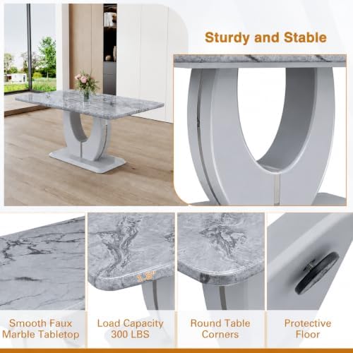 5 Piece Faux Marble Dining Table Set for 4, 63" Rectangular Kitchen Table and Chairs Set with 4 Tufted PU Leather High Back Chairs, Modern Dining Room Table Set with U-Shaped Pedestal Base, White Gold