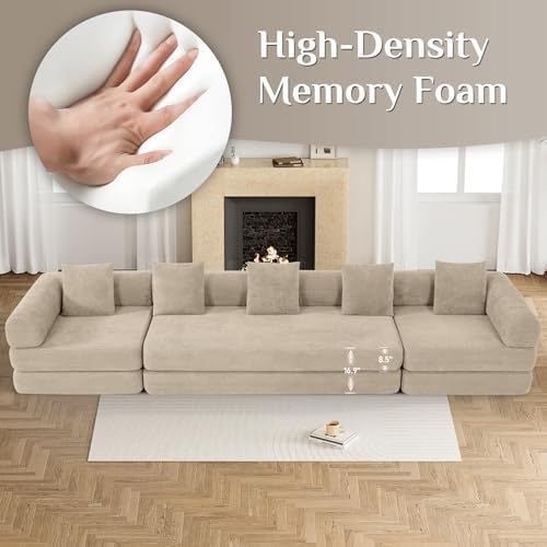 DAMAIFROM Convertible Sleeper Sofa Bed Floor Couch, Light Brown | 158" Corduroy Modular Compressed Futon Sofa Bed, Pull-Out Cloud Sectional Couch with Memory Foam Mattress for Living Room