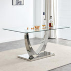 Modern Silver Dining Table, 63" Dining Room Table for 4-6 with Heavy Duty Tempered Glass Top, Rectangular Glass Kitchen Table with Sturdy U Shaped Base for Kitchen Dining Room