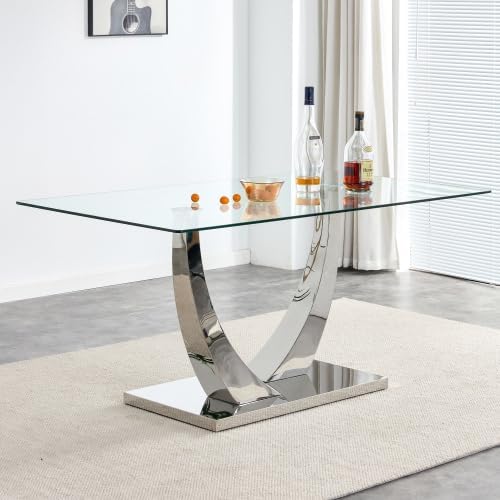 Modern Silver Dining Table, 63" Dining Room Table for 4-6 with Heavy Duty Tempered Glass Top, Rectangular Glass Kitchen Table with Sturdy U Shaped Base for Kitchen Dining Room