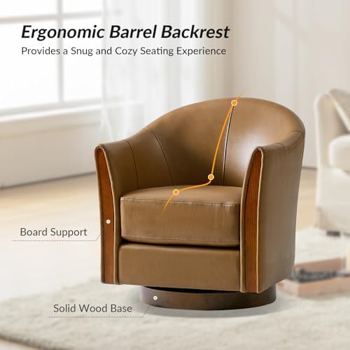 HULALA HOME Leather Swivel Accent Chair with Wood Base Set of 2, Camel | 360-degree Round Swivel Barrel Chair for Living Room Bedroom Apartment