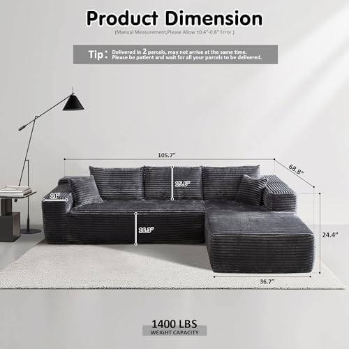 ovios 104" Cloud Couch with L-Shape Chaise,Modern Sectional Modular Sofa with Deep Seat, Upholstered Couches for Living Room Bedroom,No Assembly Required, Grey (Plush Corduroy Fabric)