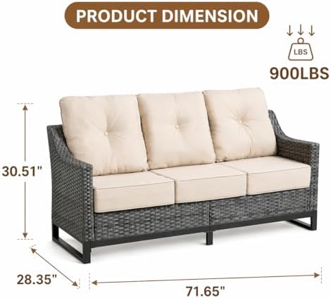 Outdoor Wicker 3-Seat Sofa, All-Weather PE Rattan Patio Couch with Cushions & Metal Frame for Backyard, Porch, Garden, Deck, Beige
