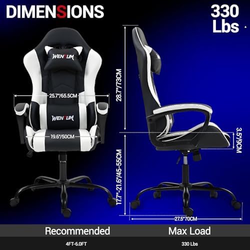 Gaming Chair PU Leather Massage PC Video Game Chair with Lumbar Support for Men Women, Home Office, Height Adjustable, Ergonomic, High Back, White