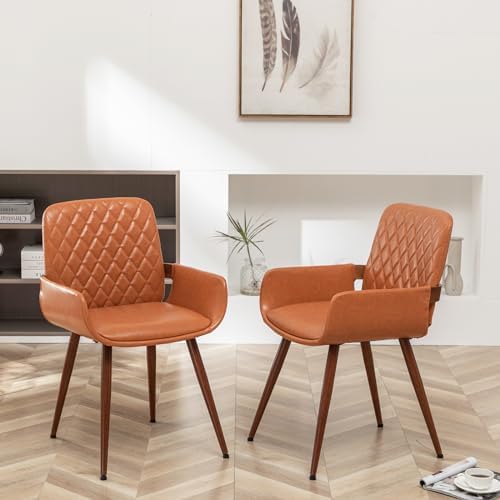 LUNLING Mid Century Modern Dining Room Chairs Set of 2 Accent Faux Leather Kitchen Chair Bentwood Frame with Armrest,Upholstered Seat,Metal Legs Chairs,Adjustable Foot for Kitchen Dining Desk(Orange)