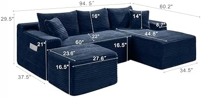 Blue Oversized Sectional Couches with Ottoman. Right Face Chaise | L shaped modular sofa, Cloud soft cushion with foam, Breathable pet-friendly, Side storage pocket, No assembly required.